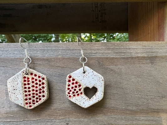 Handmade Ceramic Hexagonal Drop Earring with Heart Cut-Out